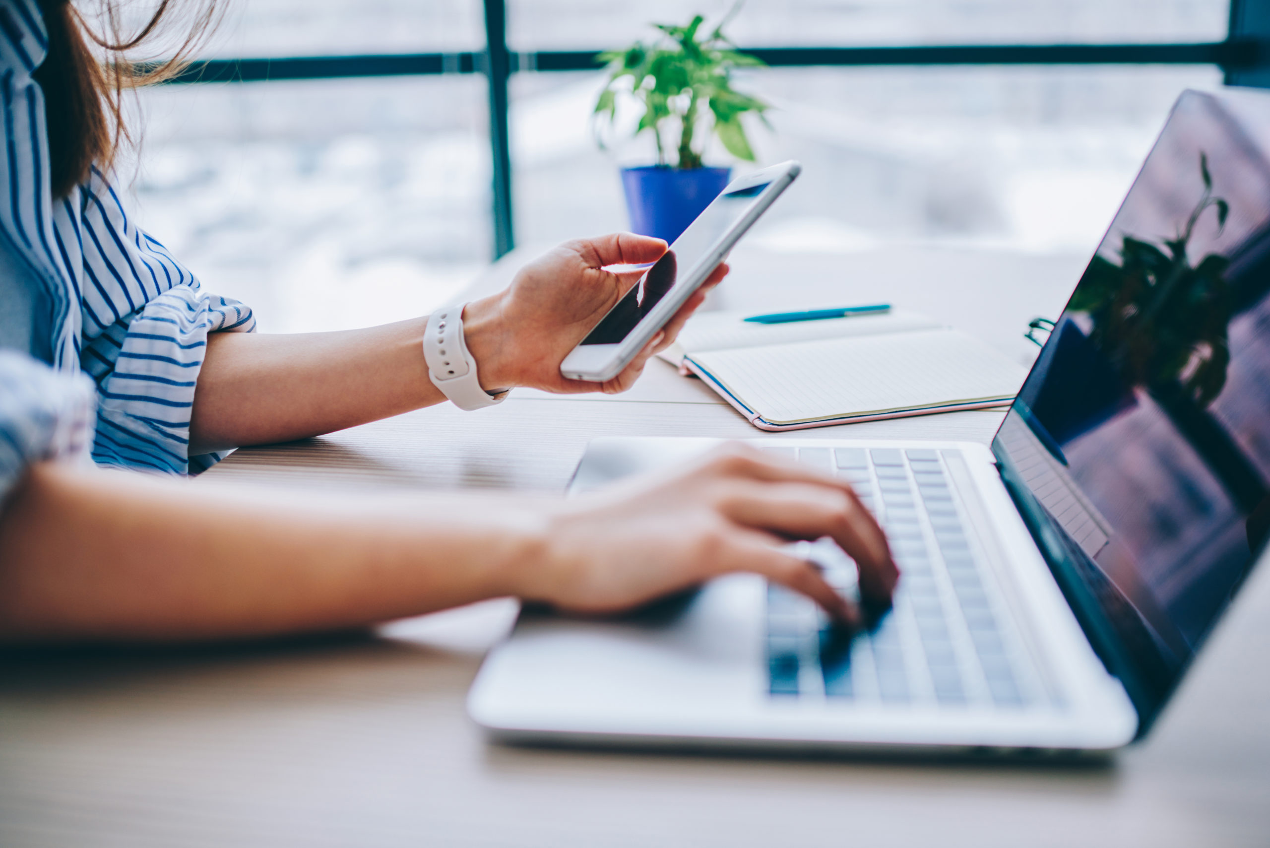 Cropped image of female holding smartphone getting message with Cropped image of female holding smartphone getting message with confirmation making transaction on laptop computer,woman using mobile phone app for synchronizing data with netbook via bluetooth